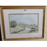 M. Mather: a gilt framed watercolour, depicting a river landscape with church in distance - signed