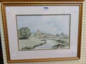 M. Mather: a gilt framed watercolour, depicting a river landscape with church in distance - signed