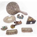 A bag containing Anglo-Indian white metal items including two oblong trinket boxes and triangular