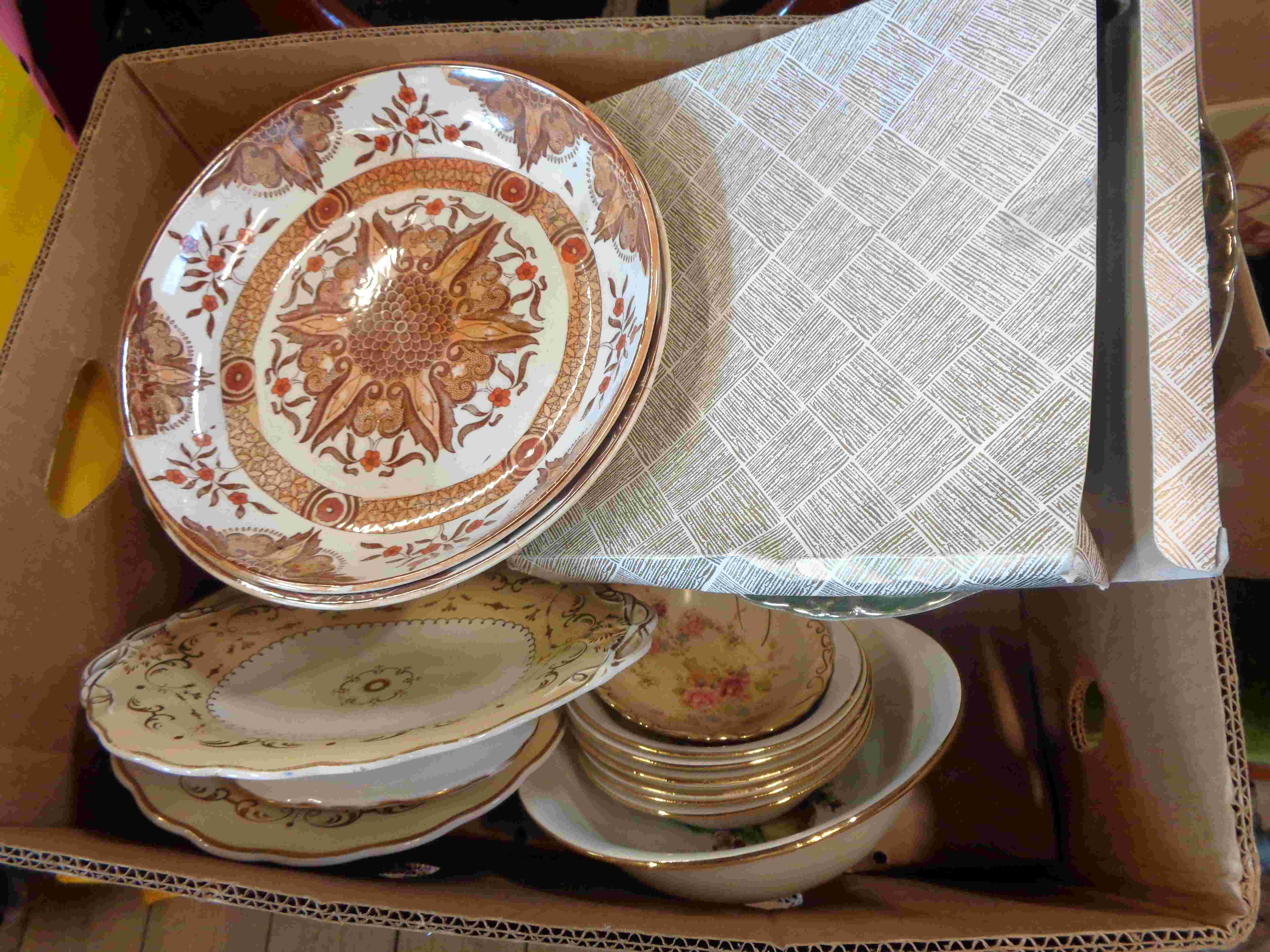 A box containing a quantity of ceramics including 19th Century part dessert set, etc.