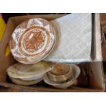 A box containing a quantity of ceramics including 19th Century part dessert set, etc.