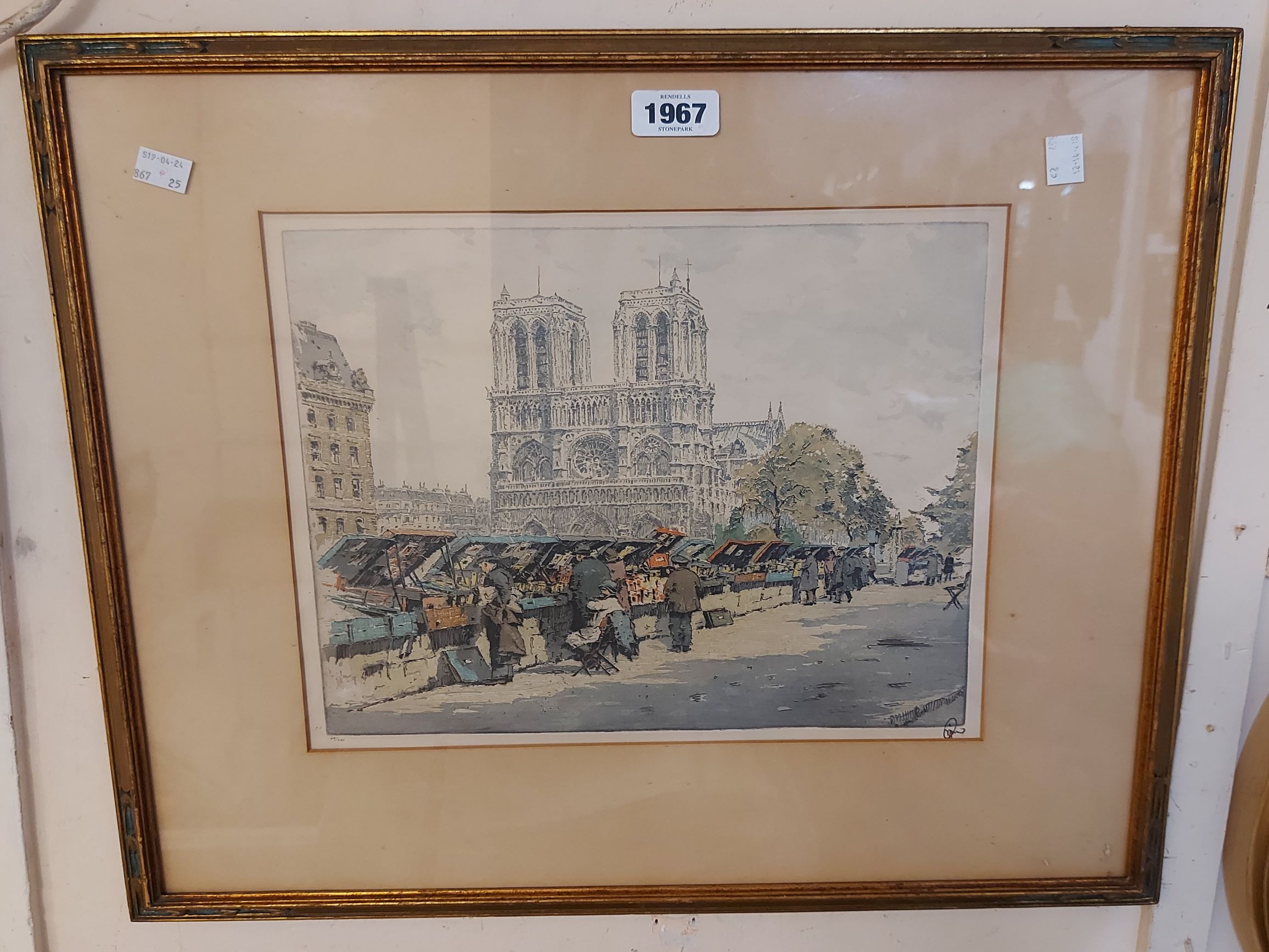 A framed vintage limited edition coloured etching, depicting Bouquinistes of Paris, with Notre