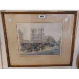 A framed vintage limited edition coloured etching, depicting Bouquinistes of Paris, with Notre