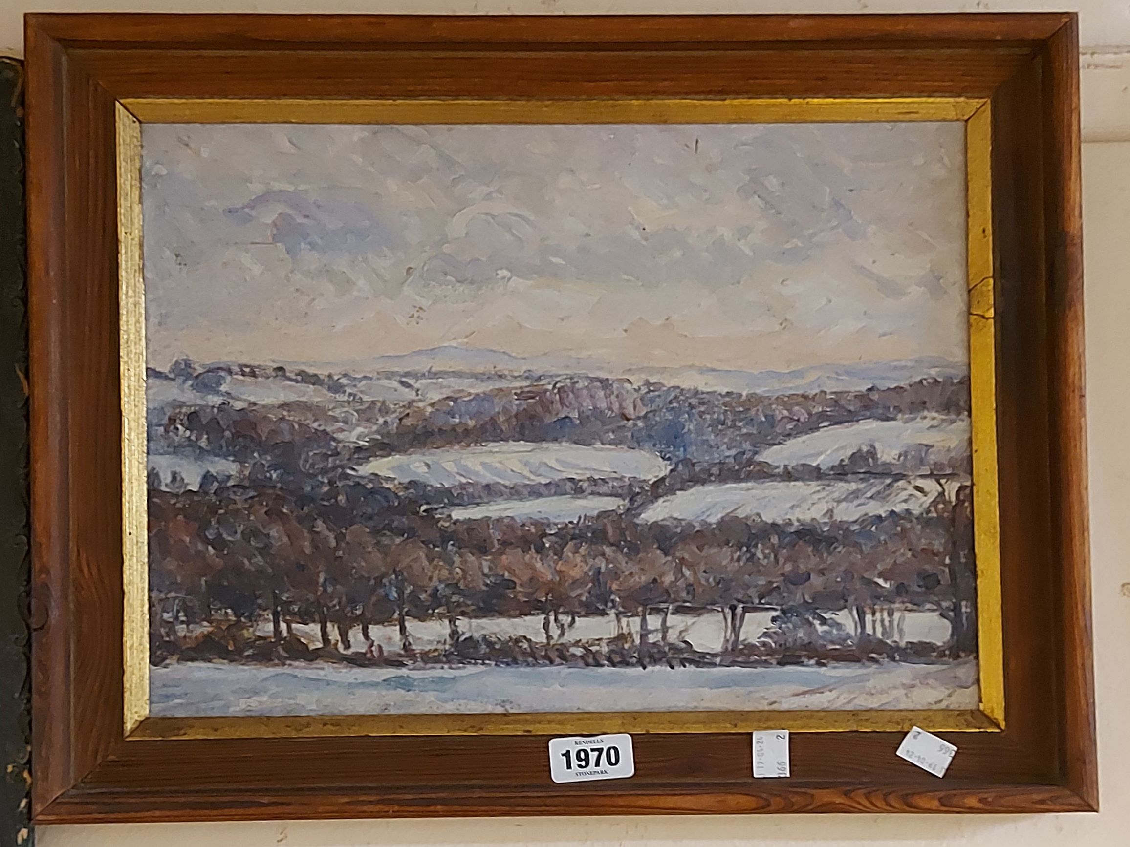 Val Maitland: a framed mid 20th Century acrylic on board entitled 'Sussex Countryside - a View