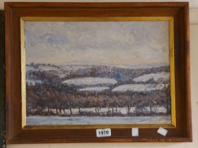 Val Maitland: a framed mid 20th Century acrylic on board entitled 'Sussex Countryside - a View