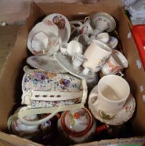 A box containing a quantity of ceramics including commemorative china, teaware, etc.