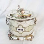 A late Victorian Mappin Brothers silver plated ornate biscuit barrel of oval form with swan