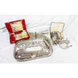 A quantity of silver plated items including a gallery tray and cased cutlery, etc.