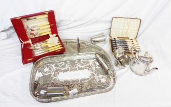 A quantity of silver plated items including a gallery tray and cased cutlery, etc.