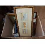 A box containing a selection of decorative framed coloured prints, Donald William Parlane: a small
