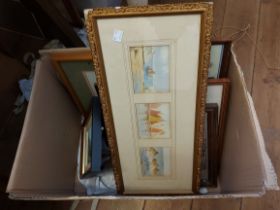 A box containing a selection of decorative framed coloured prints, Donald William Parlane: a small