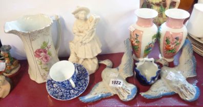 A quantity of ceramics including a pair of stoneware flying duck ornaments, Parian figure, etc.