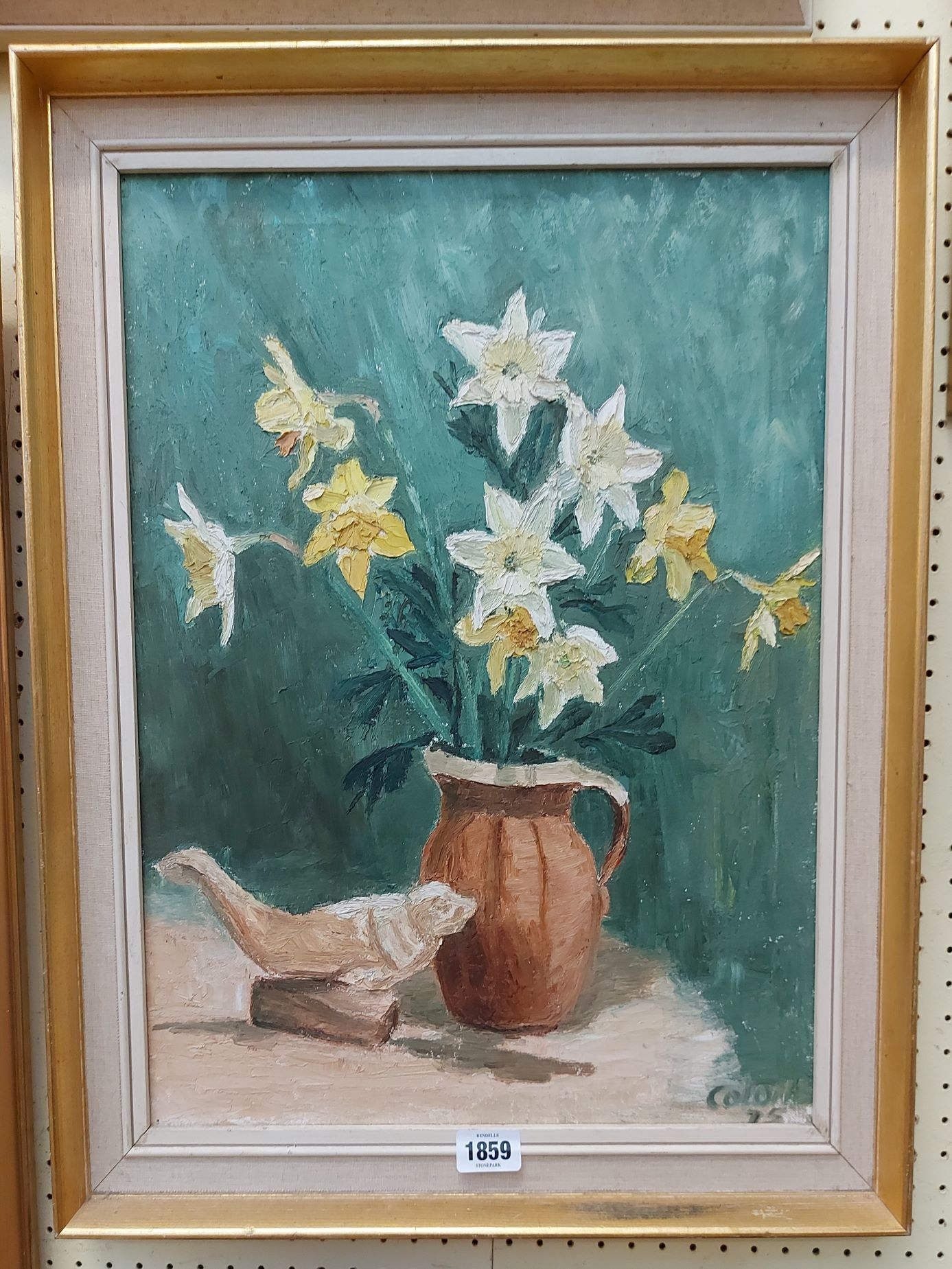 Colum: a vintage gilt and hessian framed oil on canvas still life with daffodils in a jug - signed