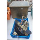 A crate of equine memorabilia including horse brasses, stirrups, etc. - sold with a brass coal box