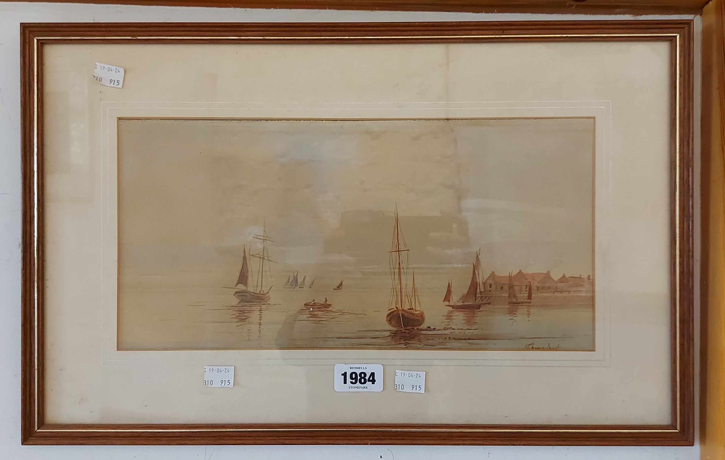 A framed watercolour, depicting moored sailing fishing vessels and shoreside buildings -