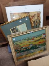 A framed oil on board, depicting a Continental rural landscape - sold with a selection of prints