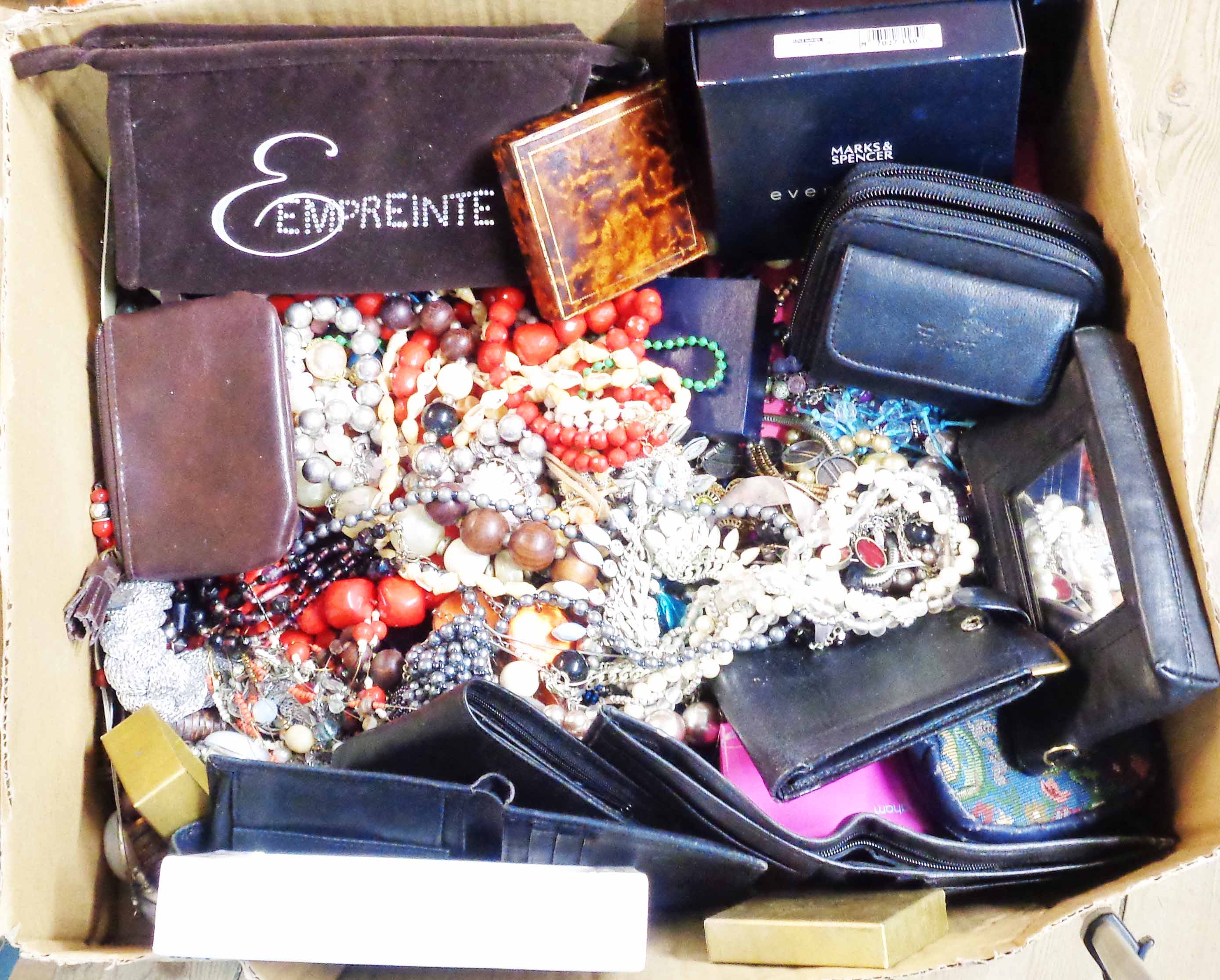 A box containing a quantity of assorted costume jewellery and other items, empty jewellery boxes,