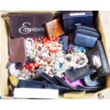 A box containing a quantity of assorted costume jewellery and other items, empty jewellery boxes,