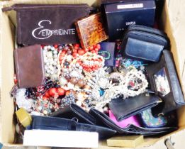 A box containing a quantity of assorted costume jewellery and other items, empty jewellery boxes,