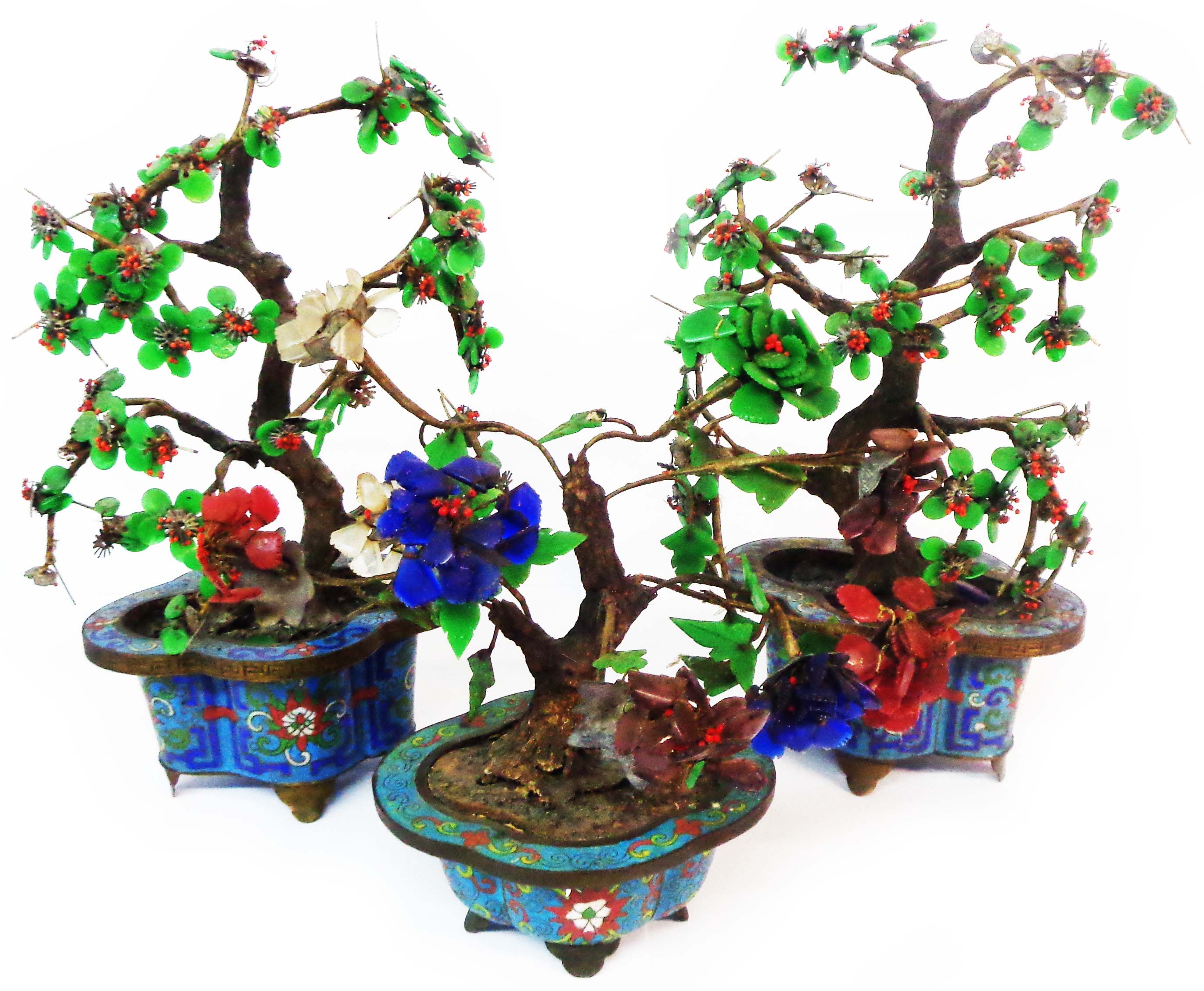 Three Bonsai tree ornaments with wrapped wire branches, enamel and metal leaves and blooms each