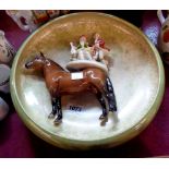 A large Moorcroft pottery bowl with applied green lustre finish - sold with a Beswick horse and a