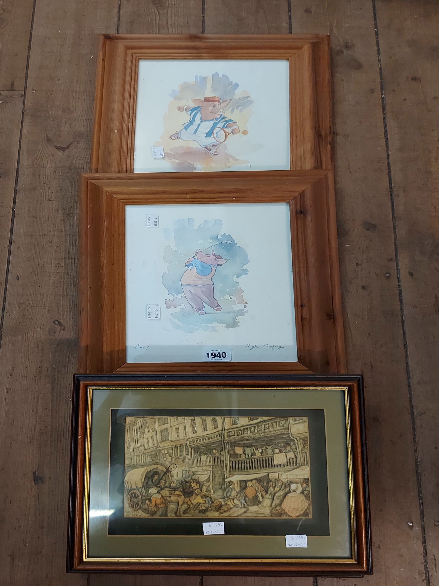 Hugh Cushing: a pair of pine framed coloured prints, depicting sporting pigs - sold with a pair of