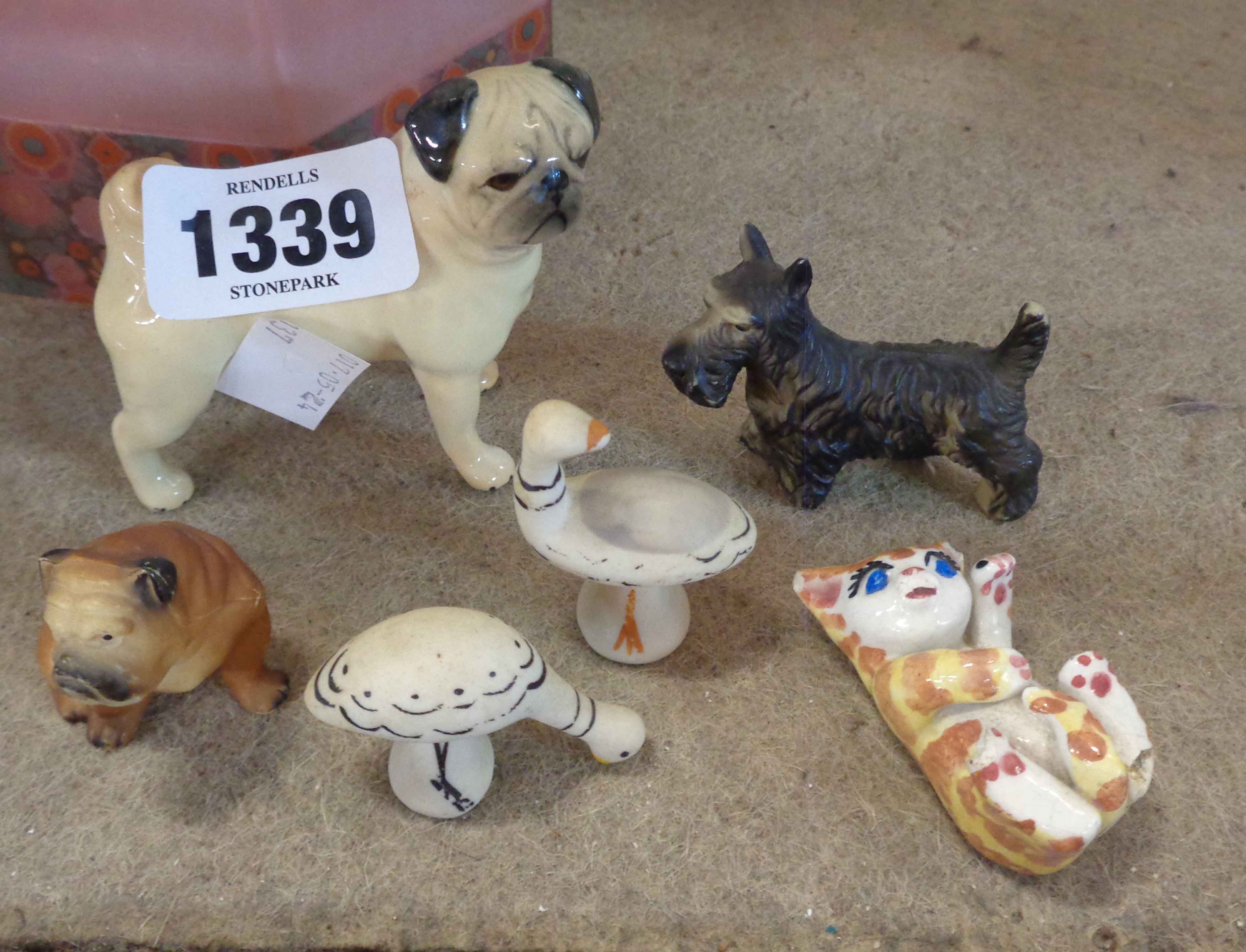 A box of 1970's fabrg figurine - sold wi A Beswick pottery Pug figurine - sold with a small quantity