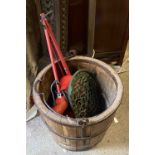 An old coopered peat bucket - sold with a red anglepoise lamp and a cast iron trivet