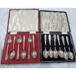 Two cased sets of six each 20th Century silver teaspoons in two styles