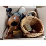 A box of mixed collectable items including copper jug, wicker basket, etc.