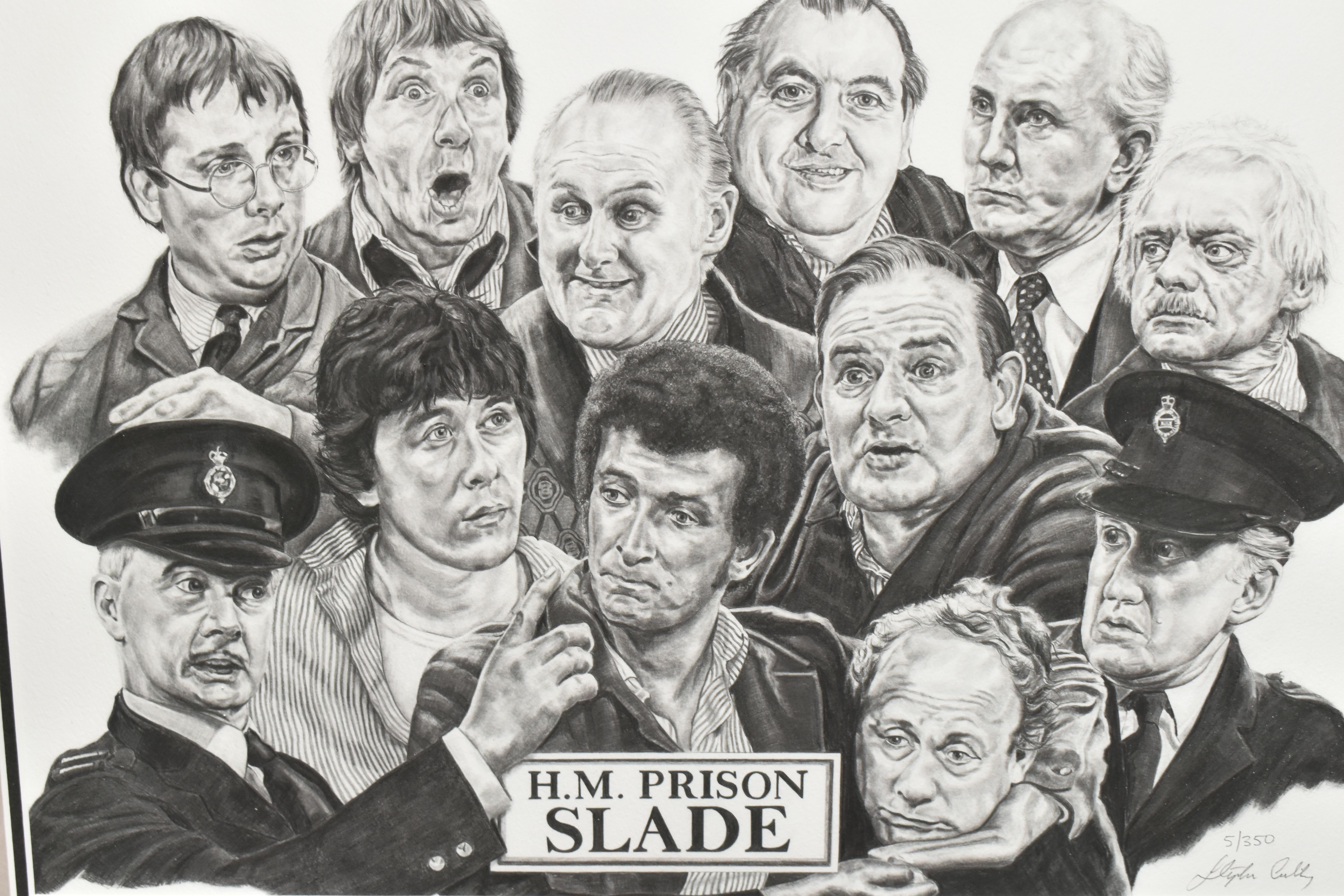 A LIMITED EDITION STEVE LILLY PRINT: PORTRAIT OF PORRIDGE CHARACTERS, H.M. Slade 5/350, pencil - Image 2 of 3