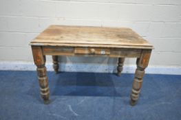 A VICTORIAN PINE RECTANGULAR KITCHEN TABLE, with a single frieze drawer, on turned legs, width 107cm
