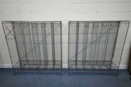 A PAIR OF WIRE MESH GYM LOCKERS, with six tall sections and six small sections, on hair pin legs,