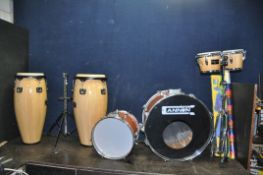 A COLLECTION OF PERCUSSION INSTRUMENTS including a pair of congos with stand, a pair of Diamond UK