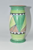 A CLARICE CLIFF 'KILARNEY' PATTERN BALUSTER VASE, the footed vase painted with geometric green and