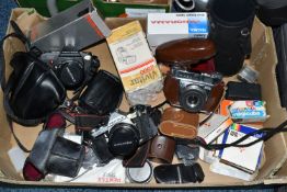 ONE BOX OF VINTAGE CAMERAS AND EQUIPMENT, to include a Unomat nylon camera case, a Pentax P50