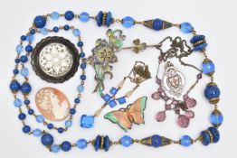 A SMALL ASSORTMENT OF JEWELLERY, to include a white metal and enamel butterfly brooch, stamped