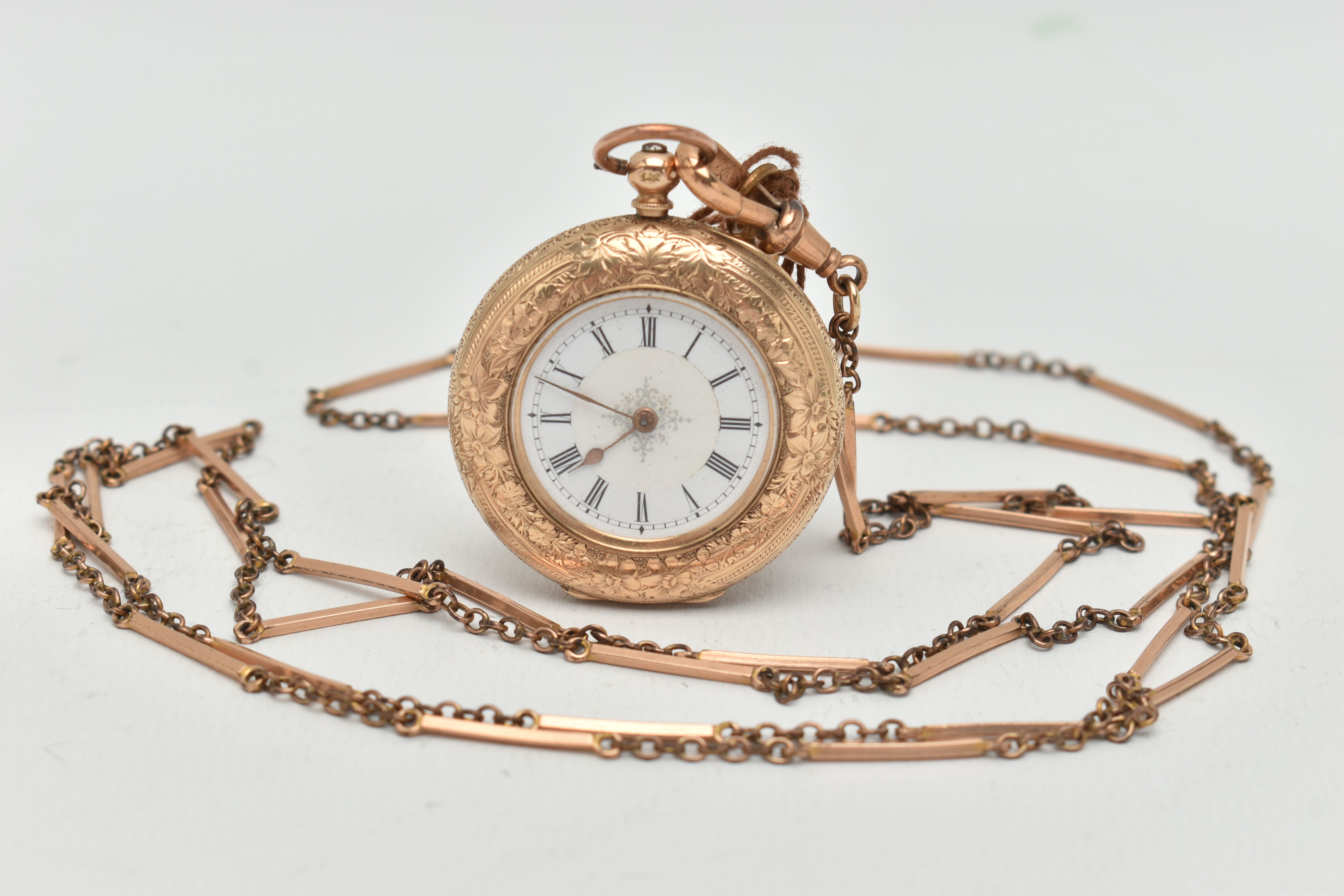 A YELLOW METAL POCKET WATCH AND LONGUARD CHAIN, key wound half hunter pocket watch, floral and