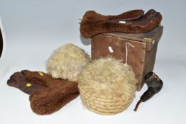 ONE WOODEN CARRY CASE CONTAINING TWO EARLY VICTORIAN COACHMAN'S WIGS, the box has a paper label on