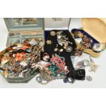 A BOX OF ASSORTED COSTUME JEWELLERY, to include a single 'Pat Cheney' enamel silver earring,