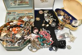 A BOX OF ASSORTED COSTUME JEWELLERY, to include a single 'Pat Cheney' enamel silver earring,