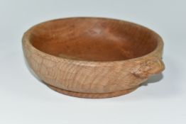 A ROBERT 'MOUSEMAN' THOMPSON CARVED OAK NUT BOWL, with signature carved mouse to exterior,