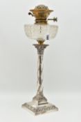 AN EDWARD VII SILVER OIL LAMP, Corinthian column, on a raised square base with floral garland