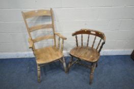 A 19TH CENTURY ELM AND BEECH FARMHOUSE CHAIR, with shaped armrests, turned supports and legs, united