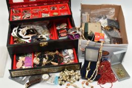 A JEWELLERY BOX AND CONTENTS, to include a black multi storage jewellery box with contents of