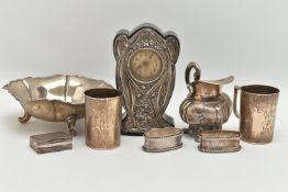 A SILVER CLOCK AND ASSORTED WHITE METAL ITEMS, to include a floral art nouveau style silver