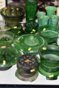 A COLLECTION OF GREEN CLOUD GLASS AND FOUR JADE GLASS VASES, comprising three column form Jade glass