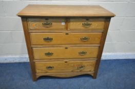 A 20TH CENTURY OAK CHEST OF TWO SHORT OVER THREE LONG DRAWERS, with a wavy apron, width 102cm x