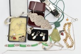 A BOX OF ASSORTED JEWELLERY, to include three pairs of white metal earrings, a white metal and
