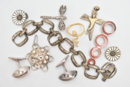 A SMALL ASSORTMENT OF JEWELLERY, to include a pair of Danish clip on daisy earrings, stamped 'AM'